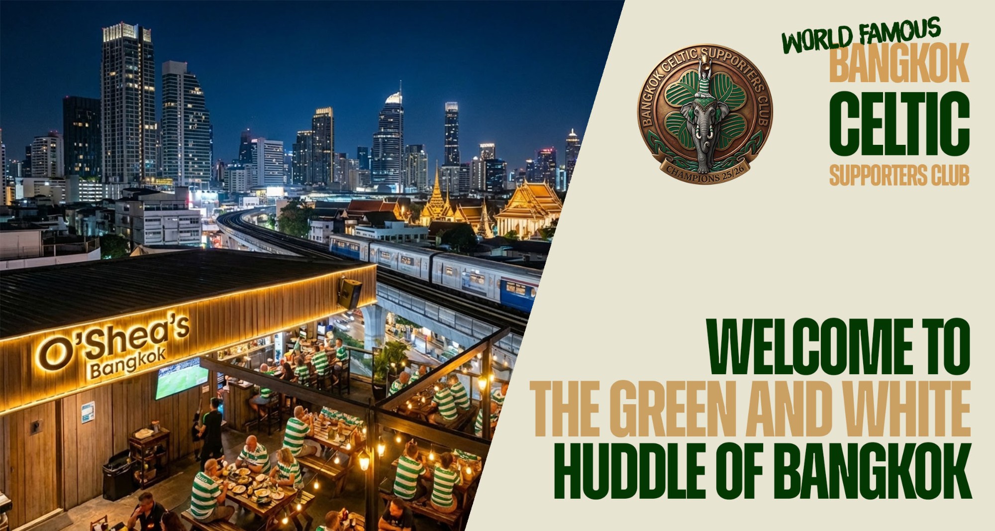 Welcome to the green and white huddle of Bangkok — Celtic supporters watching a match on the terrace at O'Shea's, with the Bangkok skyline behind